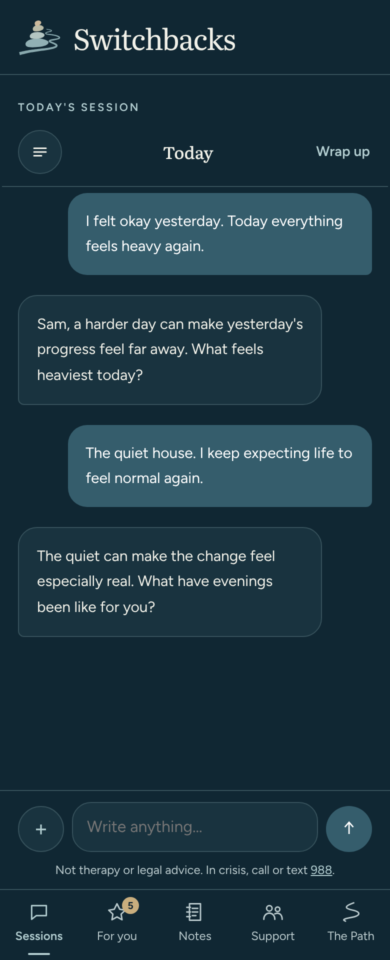 A session in the Switchbacks app, with a sample person